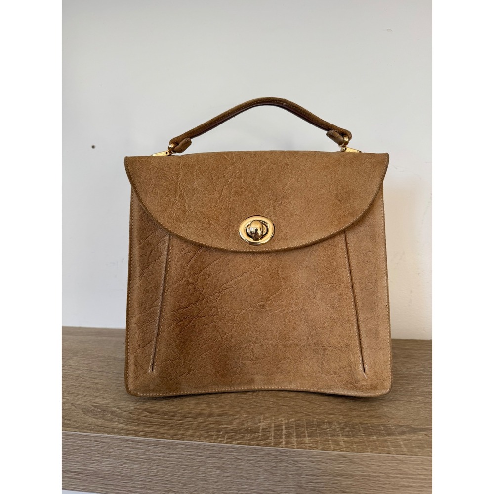 Vintage La Benci Canadian Leather Structured Top Handle Bag Tan Gold Hardware